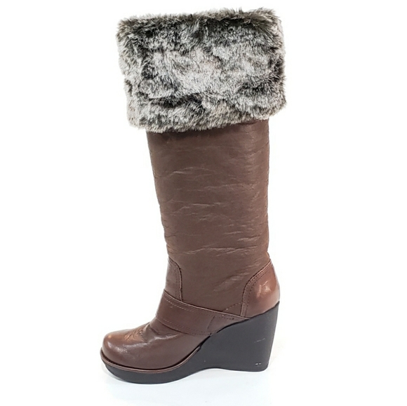 Aldo Tall Wedge Fur Boots Brown Leather Buckle - Picture 2 of 8